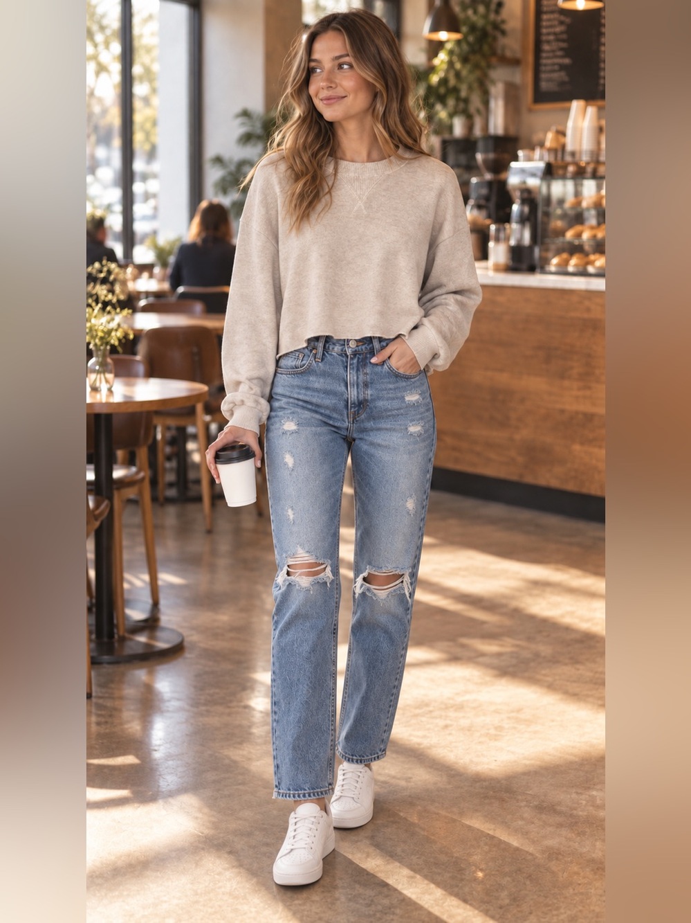 Zara Cropped Crewneck Sweatshirt - Light Beige